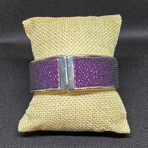 Silver Tone Cuff Bracelet w/ Textured Purple‎ Fabric Wrap, Metal, Magnetic Clasp